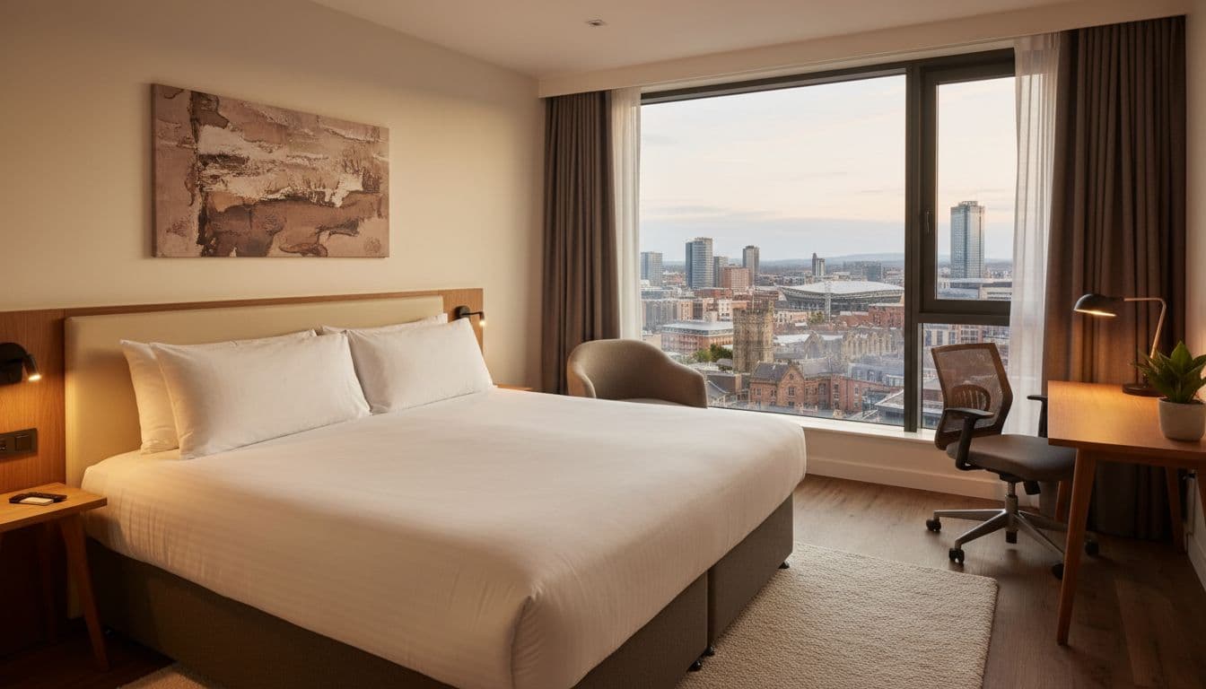 Photorealistic cozy mid-range hotel bedroom in Cardiff features a king bed with fresh linens, wooden desk and chair, and large window overlooking the city skyline under warm ambient lighting. Inviting composition with simple decor, no people, text, logos, or watermarks.