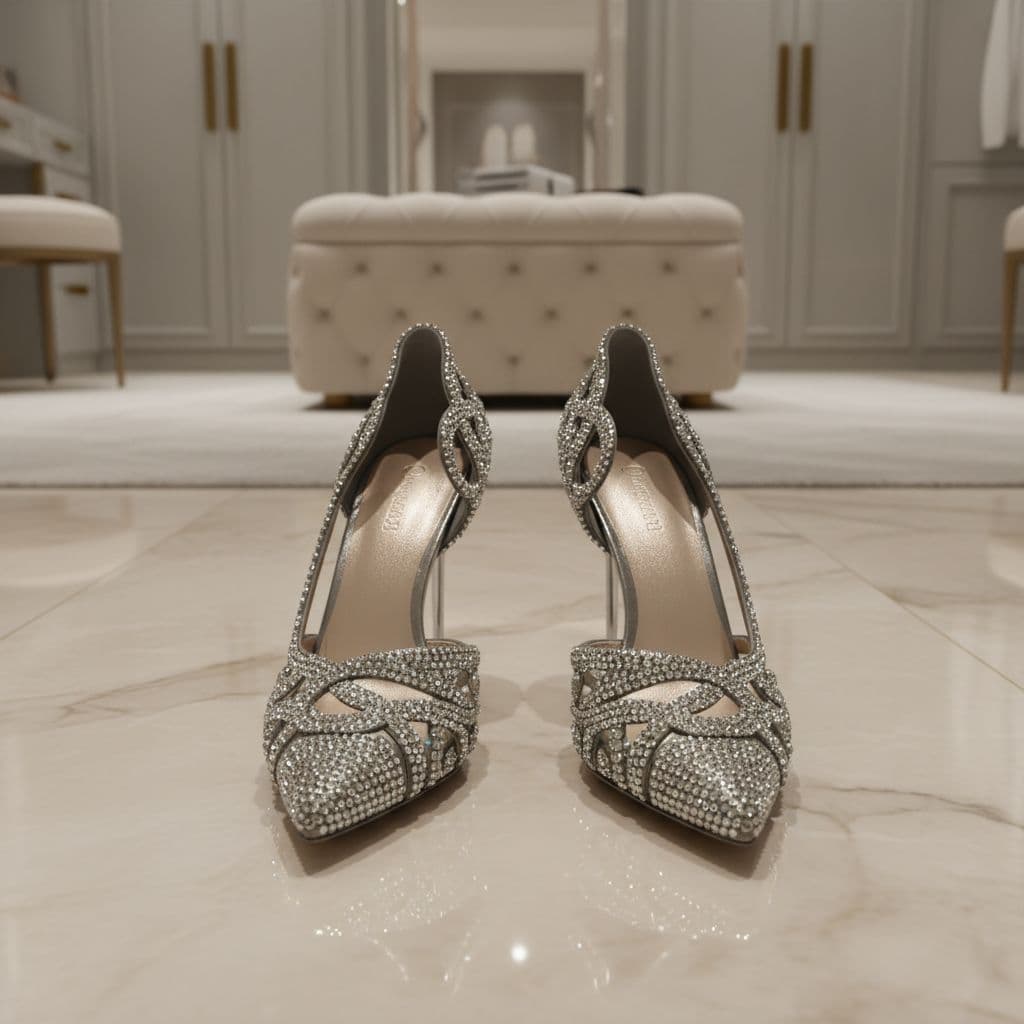 A pair of sparkling stiletto heels rests on a smooth marble floor. The shoes feature intricate crystal detailing that catches blue ambient light, set against a soft-focus luxury dressing room backdrop.