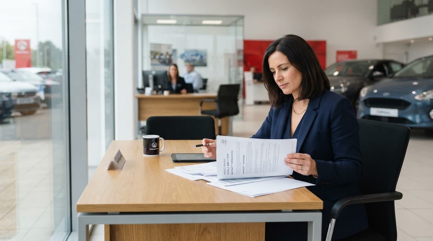 Used Car Warranty Guide: What Cover Really Includes and Costs 2 Customer reviewing car purchase and warranty papers at a dealership desk.