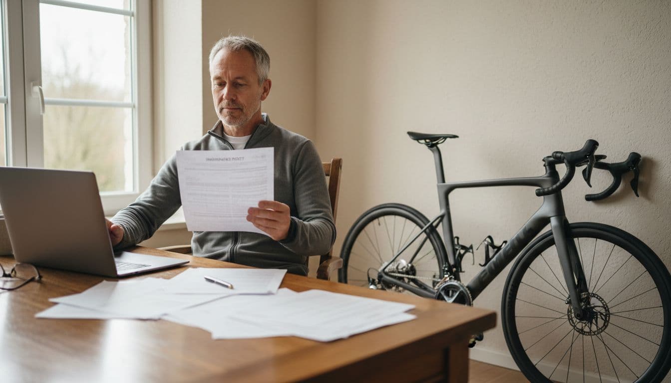 A middle-aged UK cyclist sits relaxed at a wooden home desk, comparing printed insurance policy documents on laptop with expensive road bike propped nearby. Natural window daylight illuminates the close-up desk scene in realistic photographic style.