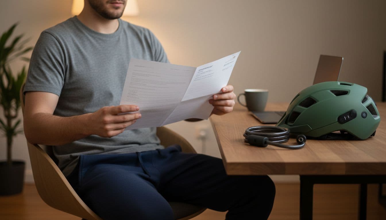 A cyclist sits relaxed at a home desk holding non-readable e-bike insurance policy papers, with an e-bike helmet and lock nearby, in soft indoor lighting and realistic photograph style.