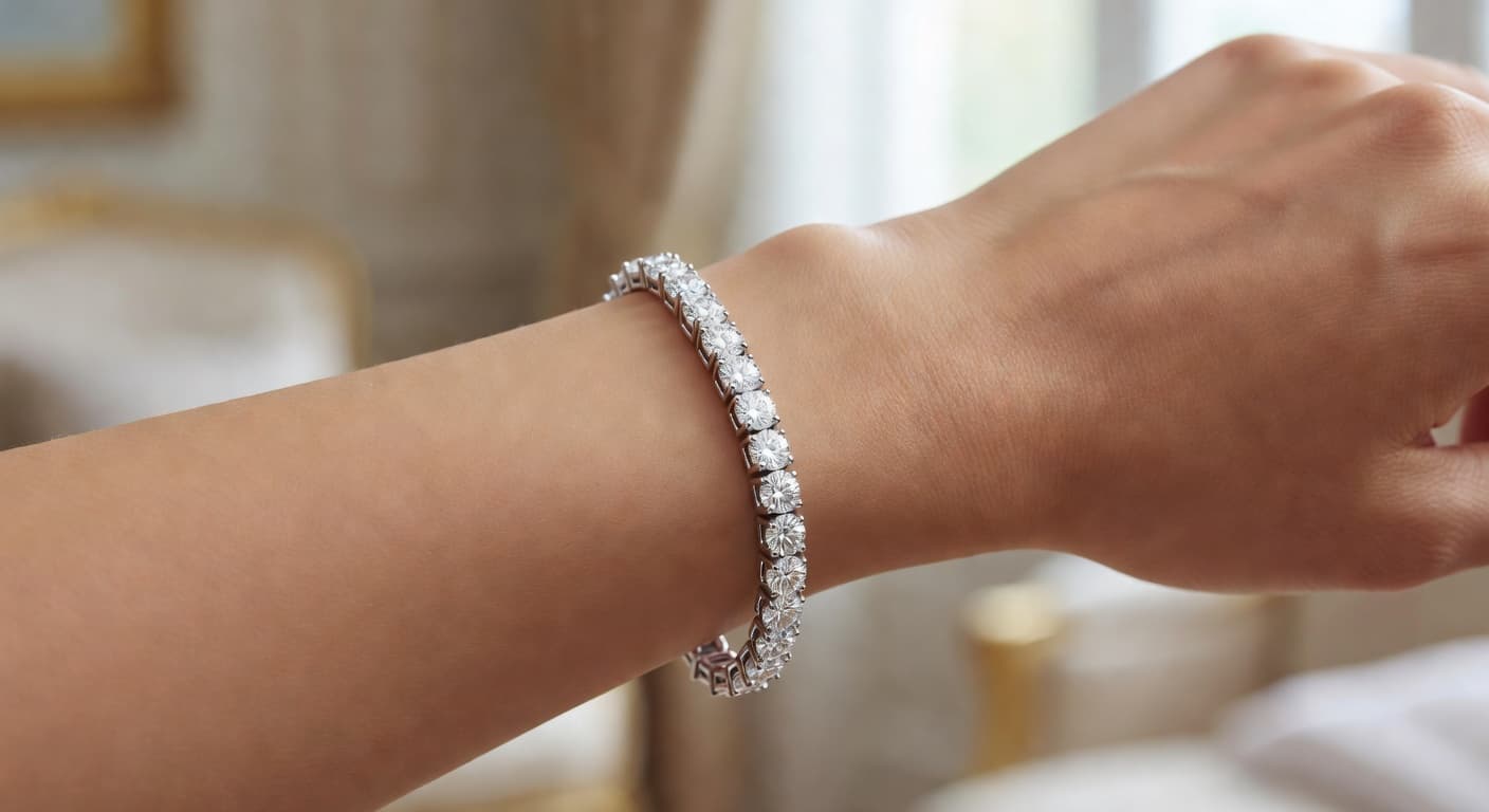 A close-up view shows a single sparkling diamond tennis bracelet resting on a woman's wrist. The stones catch natural light against a soft-focus background that highlights the piece's elegant, timeless design.