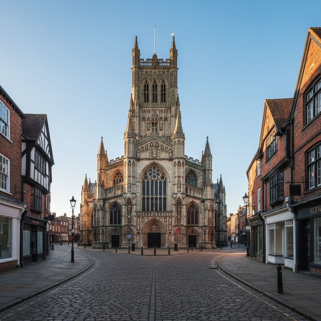 The historic Derby Cathedral stands prominently above a quiet, cobbled street under a clear blue sky.