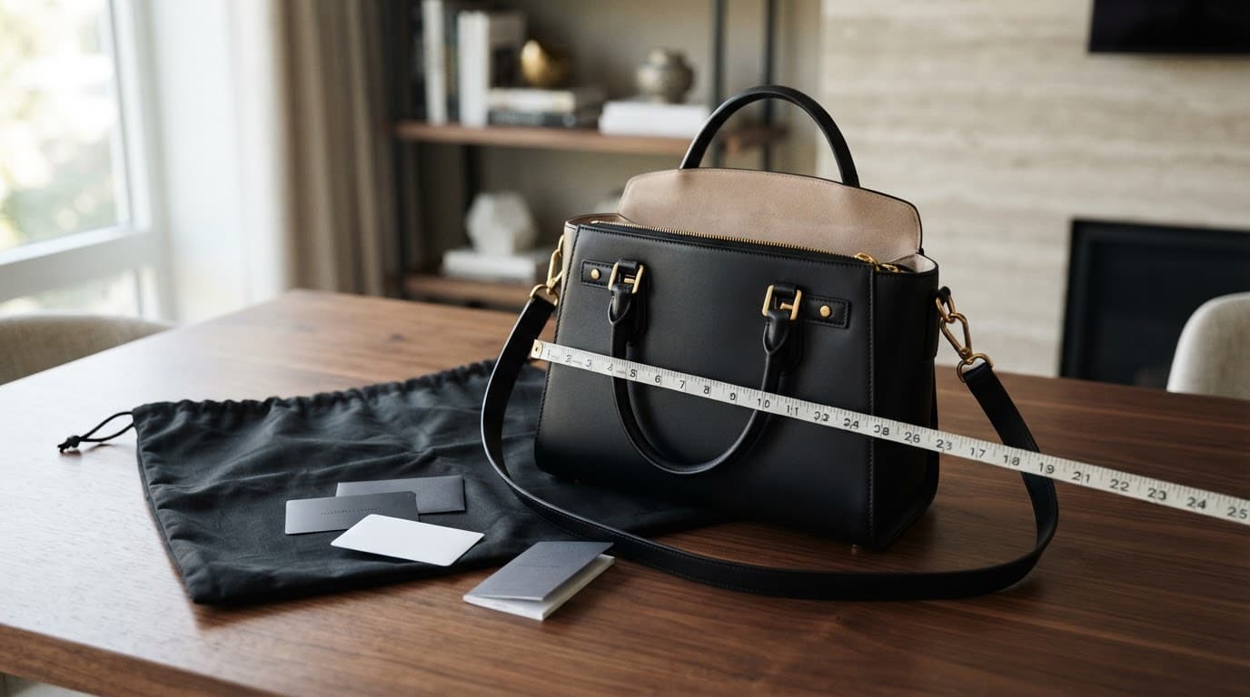 Prada Handbag Review: Styles, Value and Buying Advice for UK Shoppers 5 A designer handbag with a tape measure, authenticity cards, and dust bag on a wooden table.