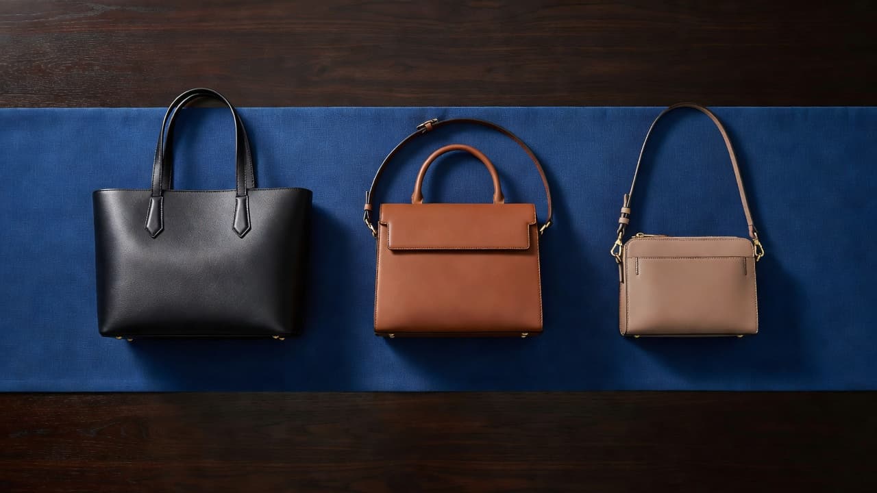 A top-down view showcases three luxury bags including a tote, a structured satchel, and a compact crossbody on a dark wooden table. A rich blue runner adds contrast to this organized display.