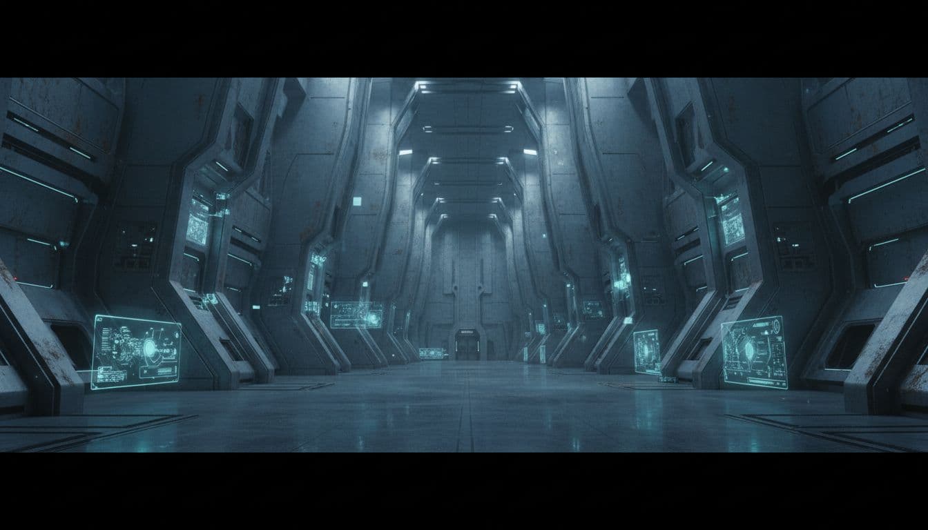 Vast empty sci-fi lunar station hall with towering metallic structures and faint glowing holograms in cold blue-grey tones.