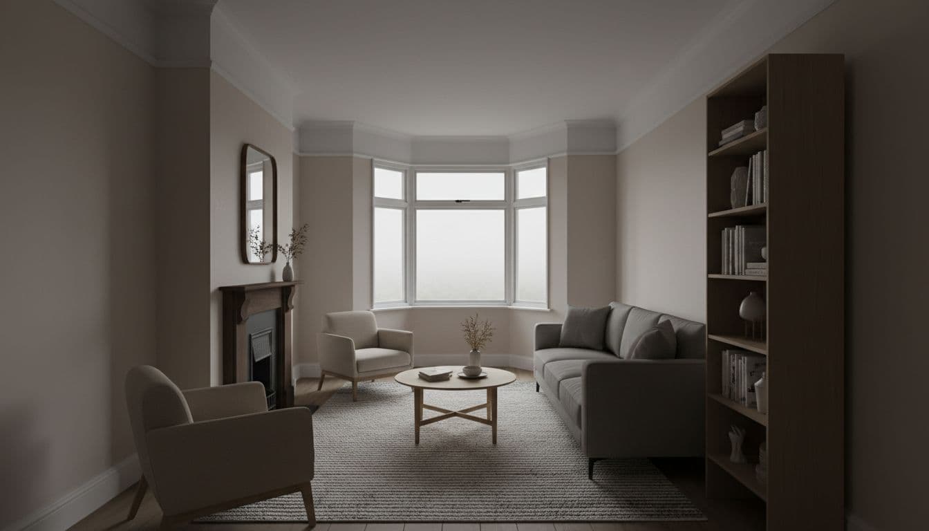 Clean, realistic 3D visualisation of a typical small UK Victorian terrace living room before AI lighting planner use, with narrow proportions, low ceiling, dim overcast daylight from small bay window, and dark shadowy corners near neutral sofa and bookshelf.