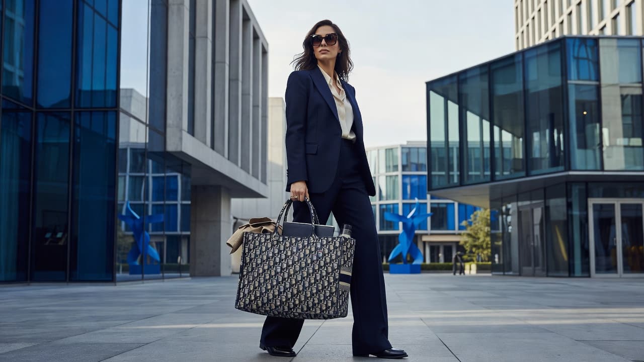 A woman holds a large embroidered Dior bag while standing in a modern city street.
