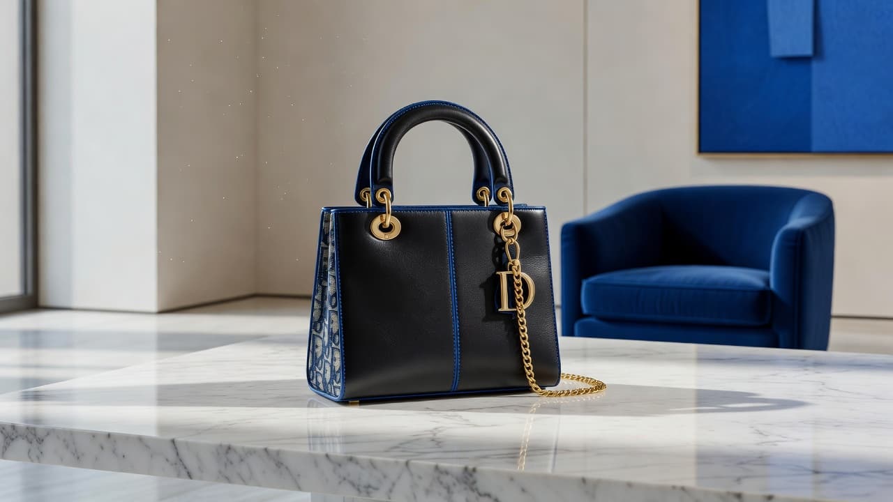 A luxury Dior handbag rests on a polished marble surface inside a high-end boutique.
