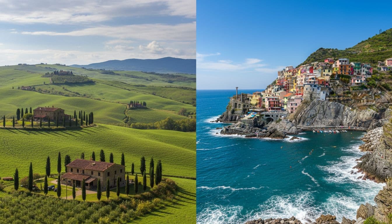 A split composition displays rolling green hills dotted with iconic cypress trees on the left side, transitioning to a rugged blue coastline featuring colorful Mediterranean villas perched on high cliffside rocks.