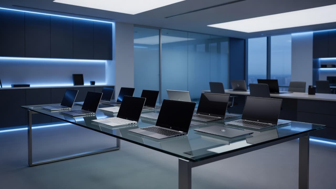 Various laptop models of differing sizes sit precisely aligned on a transparent glass table. Soft blue ambient light reflects off the polished surfaces within a contemporary, open-concept professional office environment.