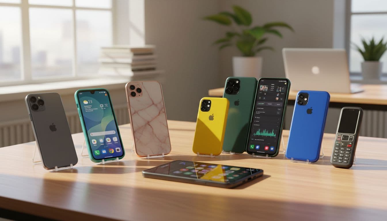 A variety of modern smartphones in different sizes, colors, and a basic phone arranged neatly on a light wooden table in a bright sunlit room. The foreground highlights detailed textures and reflections, with a blurred home office background featuring books and a laptop.
