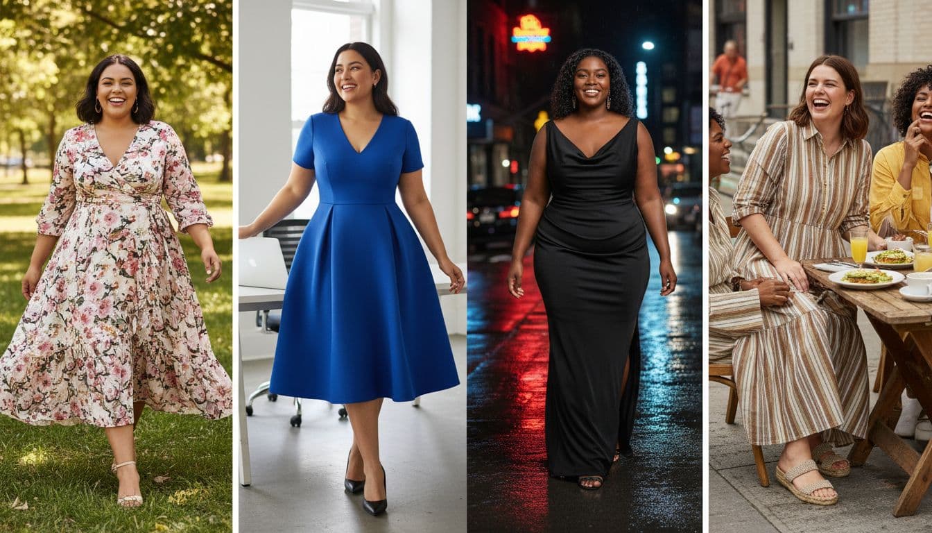 Diverse plus size women in stylish dresses for different occasions