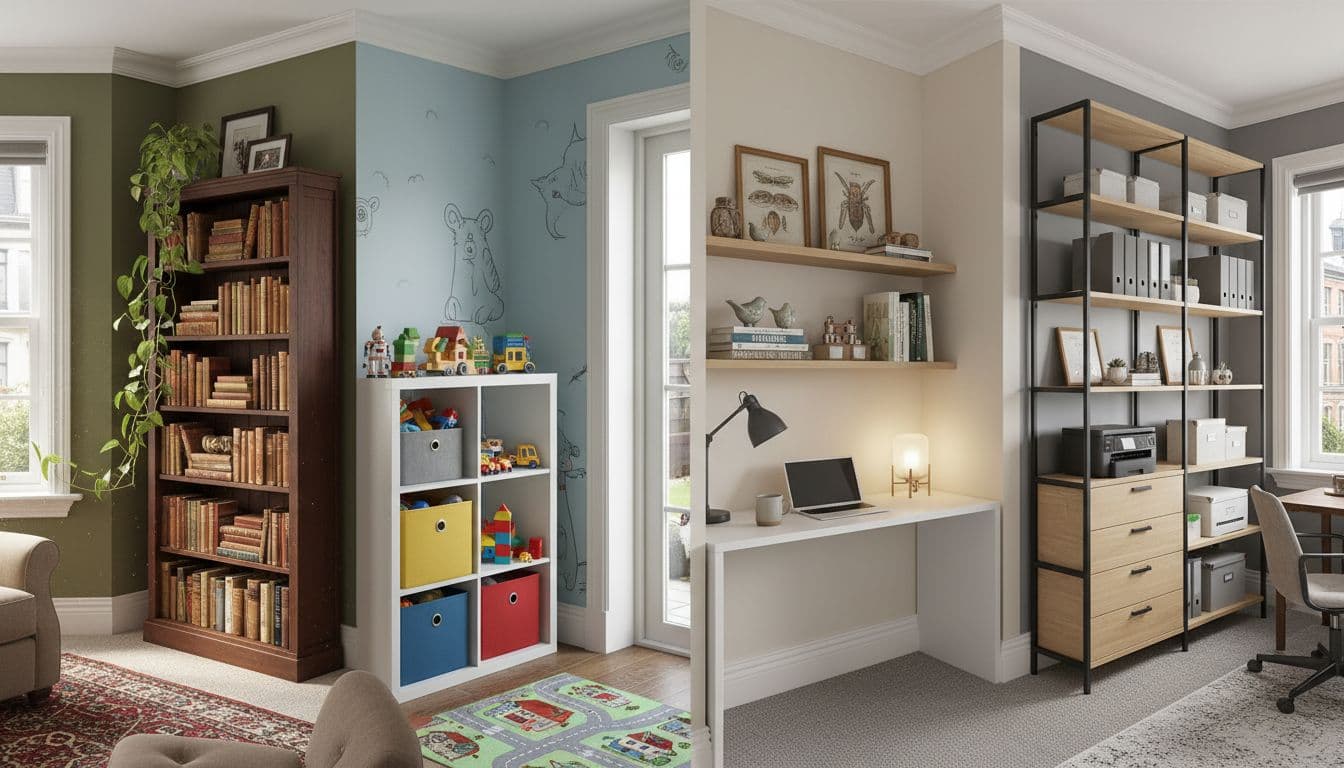 Photorealistic depictions of various shelving units like bookcases, cube storage, floating shelves, and modular systems in cozy UK living rooms, play areas, bedrooms, and home offices.