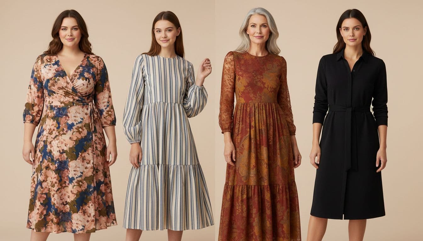 Four diverse UK women wearing different modest dress styles in a studio