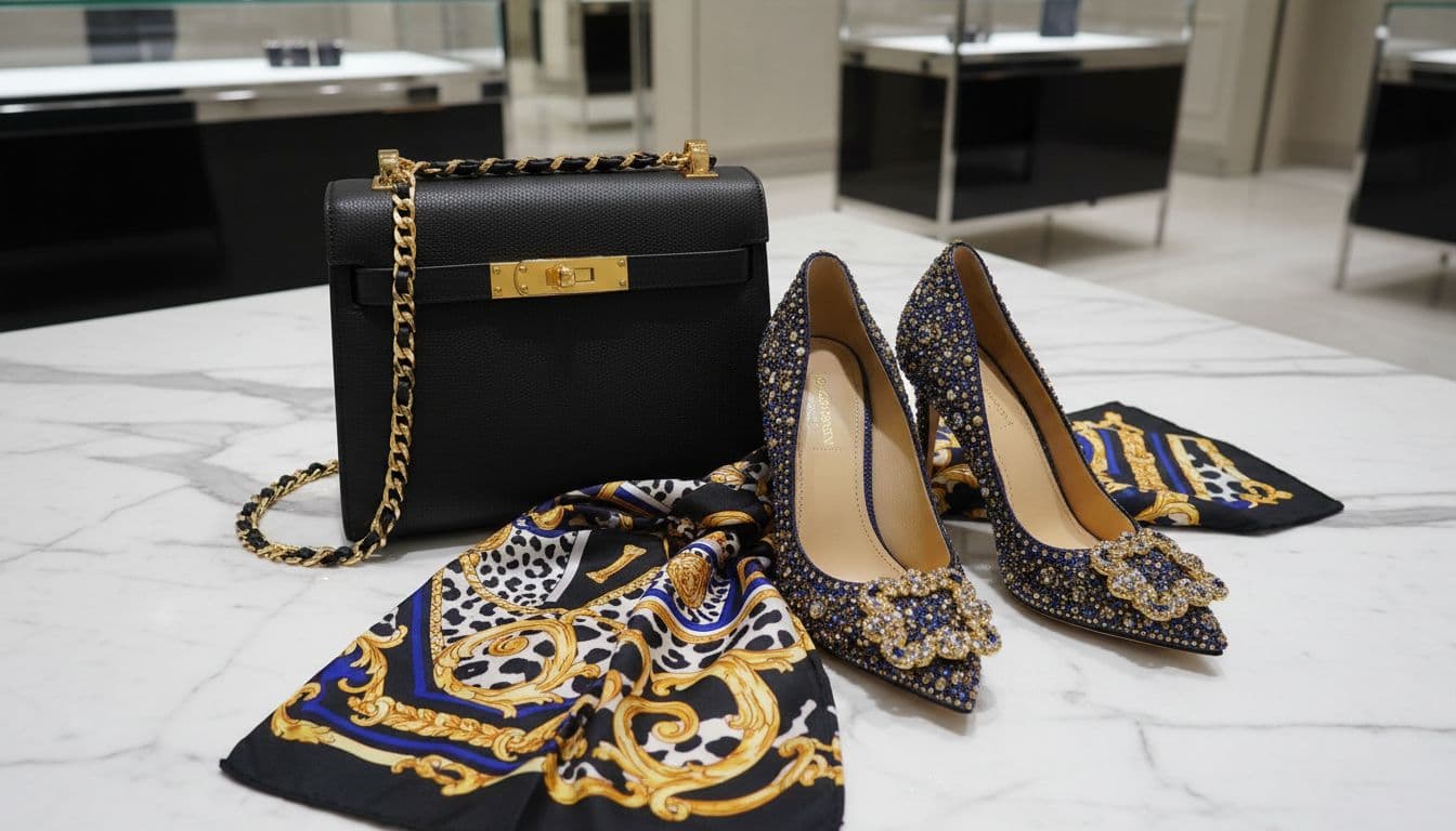 Structured black leather Dolce & Gabbana handbag with gold hardware, embellished high-heeled shoes, and bold printed silk scarf arranged on polished marble surface in upscale boutique interior, captured from above with focus on textures and details.