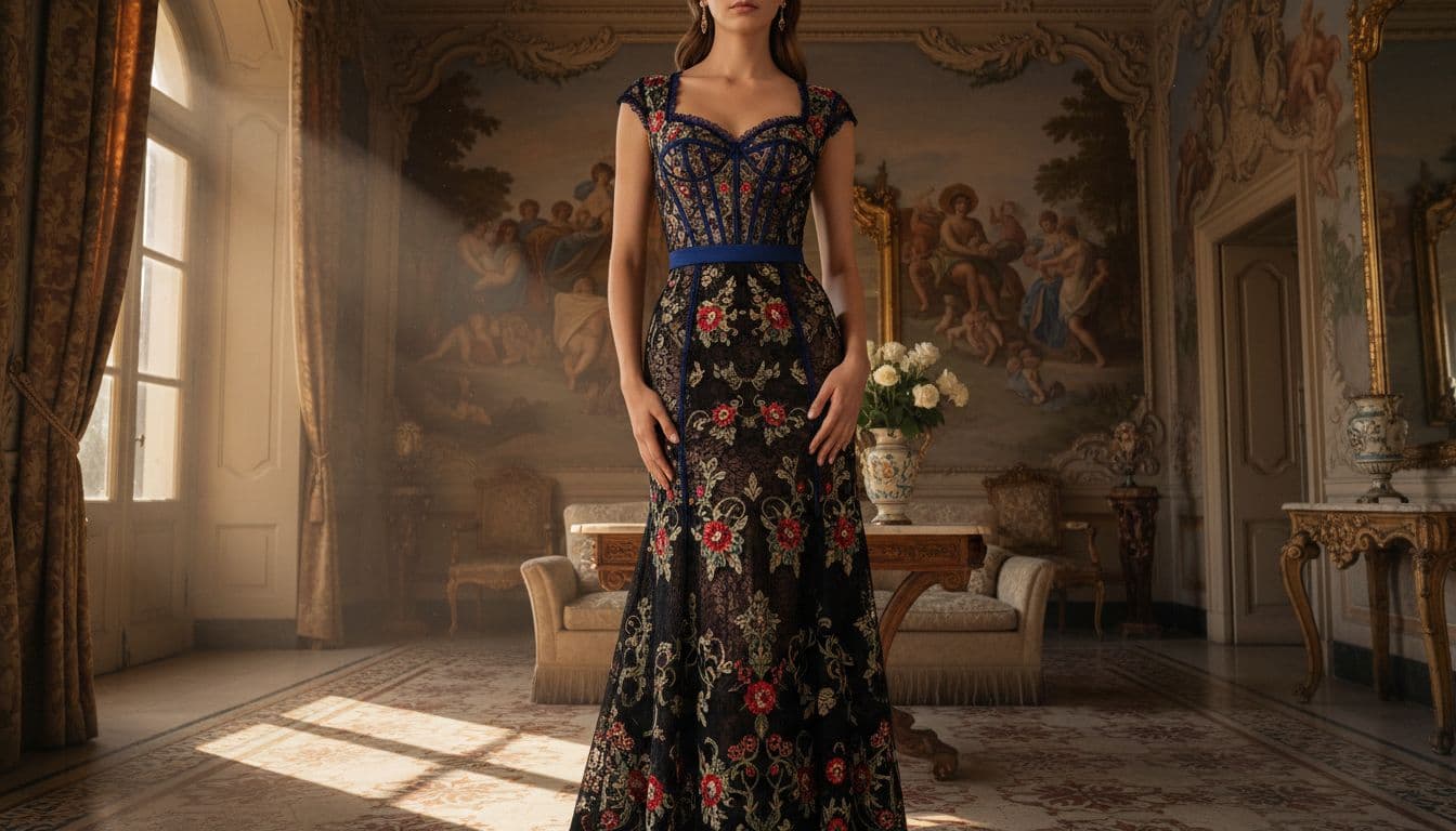 Elegant female model wearing a black lace dress with Sicilian floral motifs and corsetry details in a sunlit Sicilian villa interior, full-body centered against ornate baroque background with soft dramatic golden hour lighting.
