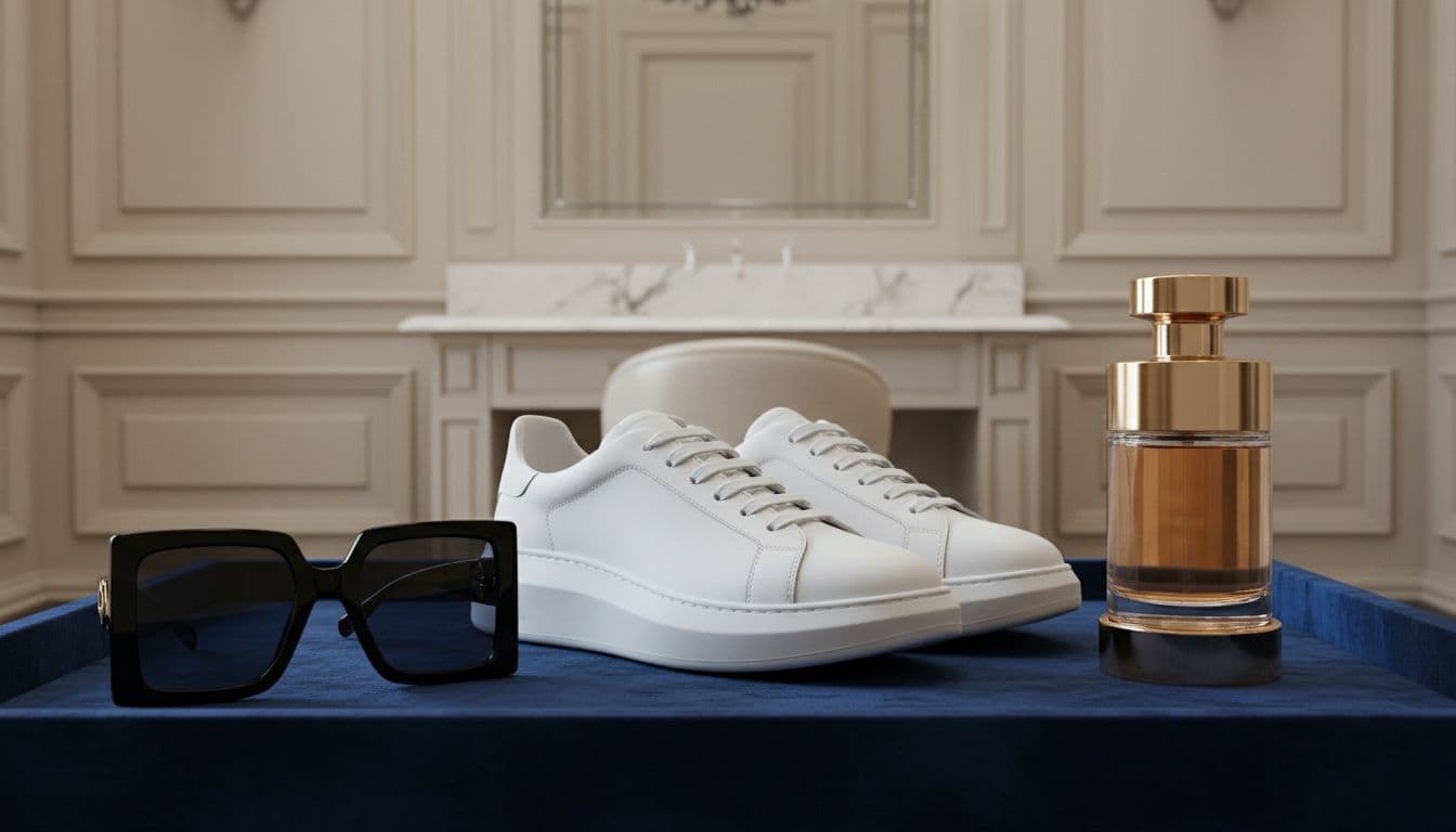 Classic white sneakers, oversized sunglasses, and gold-capped fragrance bottle elegantly arranged on a velvet tray in a luxurious dressing room with soft ambient lighting.