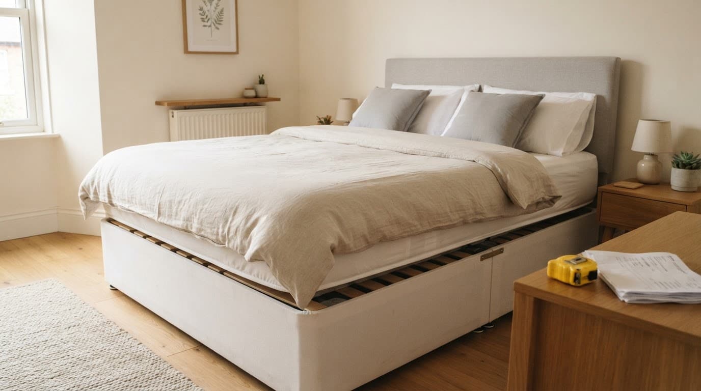 A double bed in a tidy bedroom with a tape measure and folded paperwork nearby.