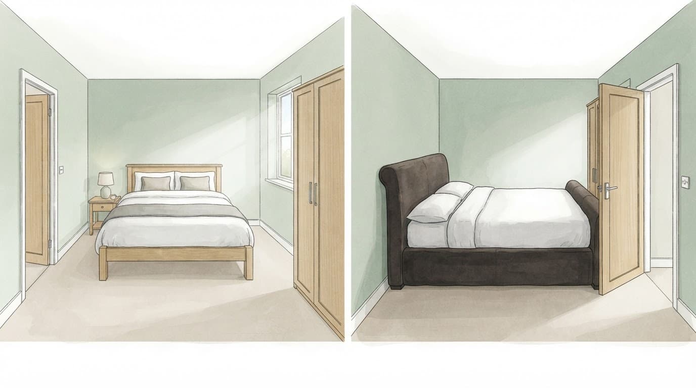Measured double-bed installation compared with a cramped bedroom layout.