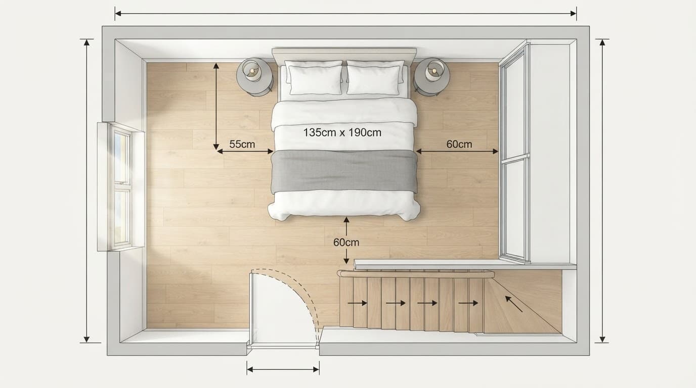 Top-down bedroom plan showing a double bed, door, wardrobe, and walking space.