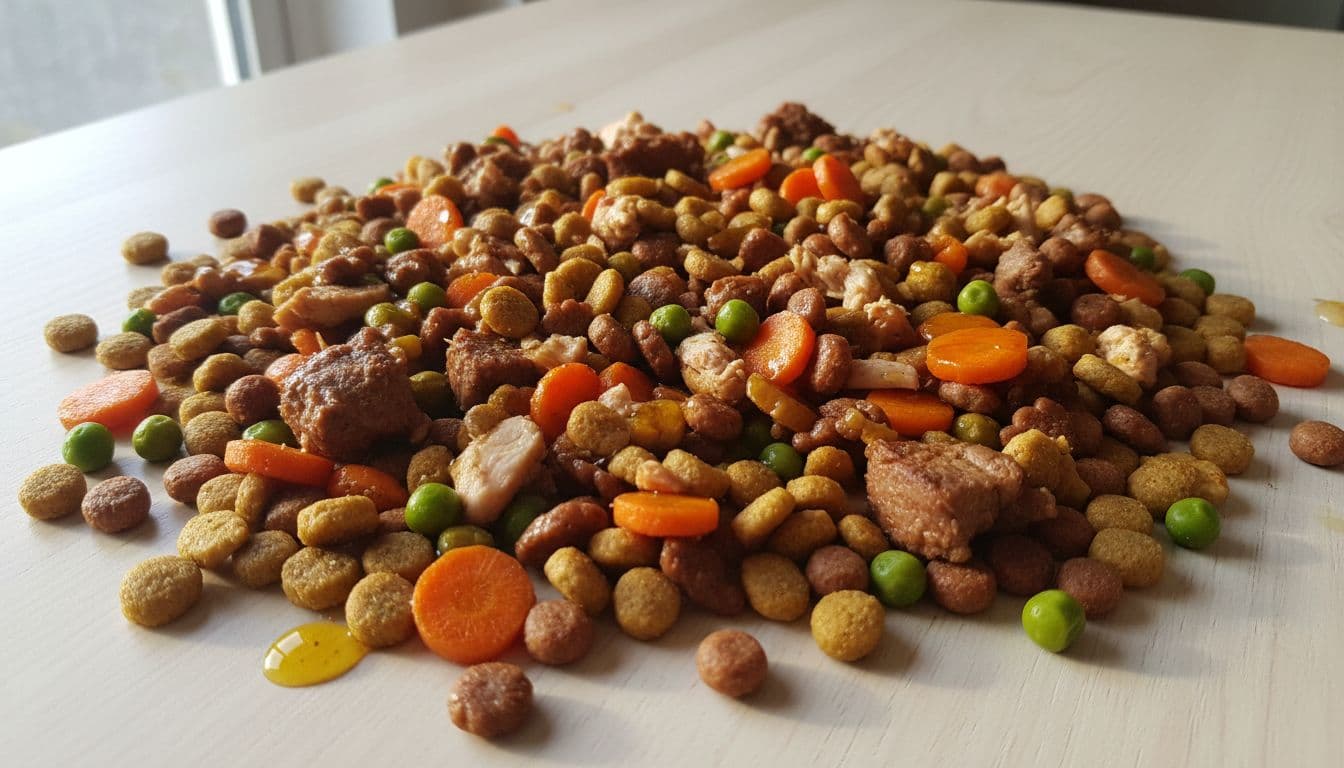 Close-up view of dry dog kibble scattered on a clean wooden surface, mixed with chunks of fresh meat, sliced carrots, peas, and a light drizzle of fish oil under natural morning light.