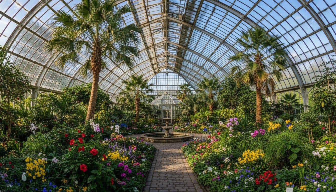 Victorian glasshouse with tropical plants, palm trees, and colourful flowers along empty paths, sunlight through panels.