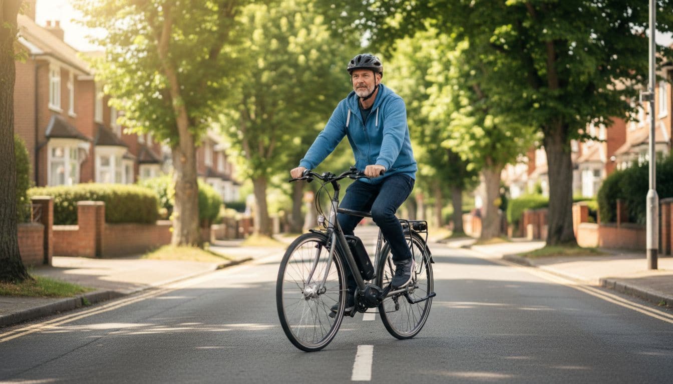 A middle-aged cyclist in casual clothes and helmet pedals a standard electrically assisted pedal cycle (EAPC) on a quiet UK suburban road during daytime with natural sunlight. The realistic photograph shows everyday legal road use of a compliant e-bike with normal wheels and frame, no other people or vehicles nearby.