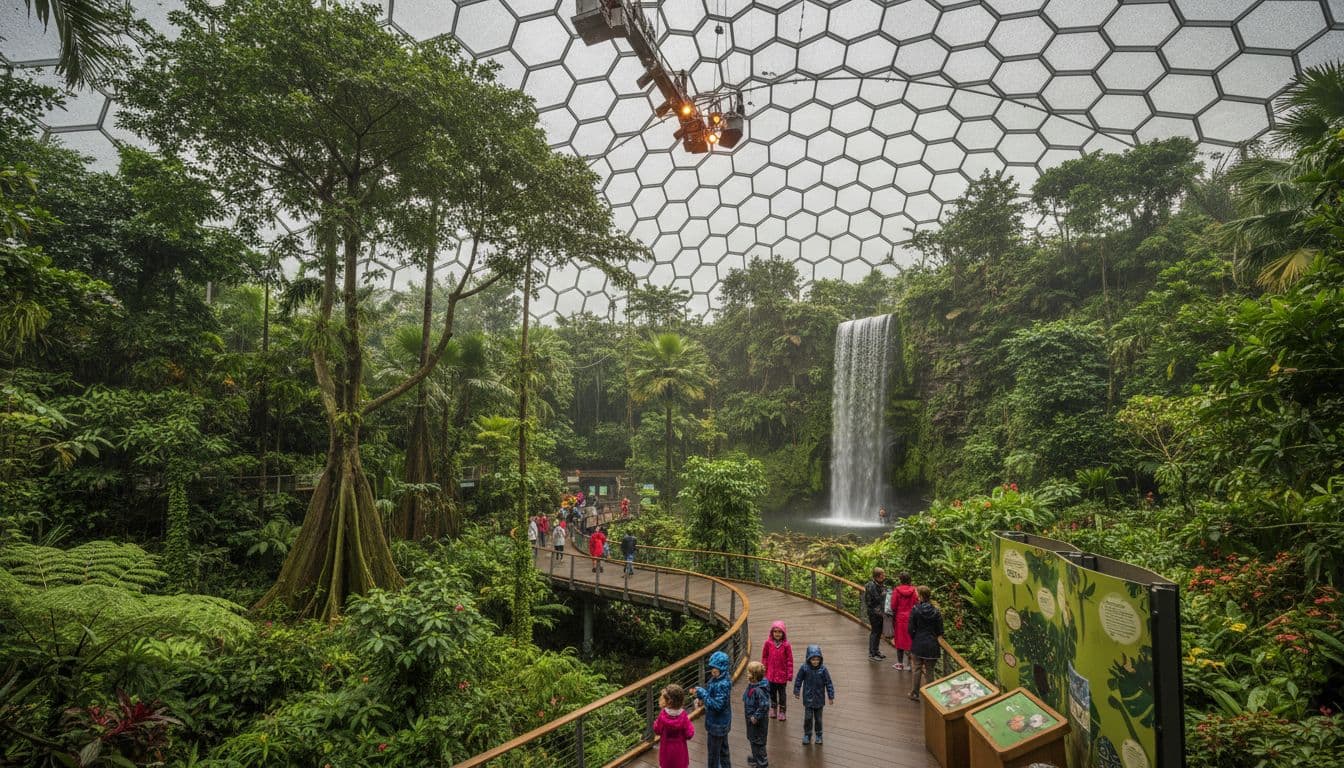 Lush tropical rainforest inside Eden Project biomes in Cornwall on a rainy day, with tall trees, waterfall, families with excited kids on paths amid educational exhibits in misty geodesic domes.