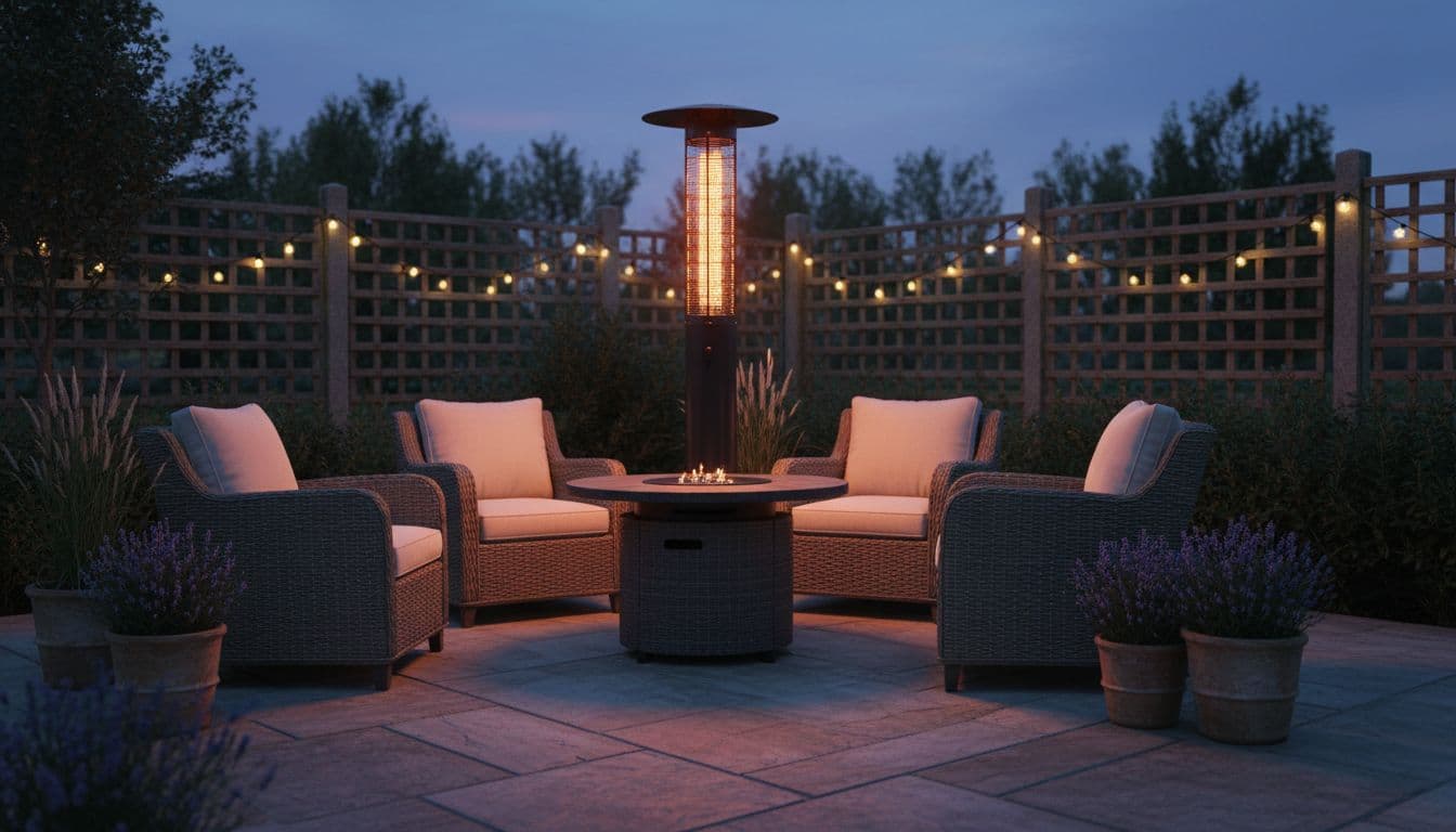 A freestanding electric patio heater glowing warmly on a UK garden patio at dusk, surrounded by outdoor seating for four people, soft evening light, realistic style with natural shadows.