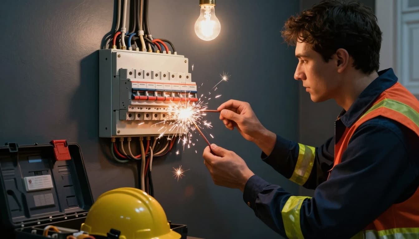 An electrician in full safety gear urgently addresses a sparking electrical fault in a modern UK home fuse box, with exposed wires, tripped breakers, flickering bulb in a dark room, and open toolbox nearby, under dramatic spark lighting.