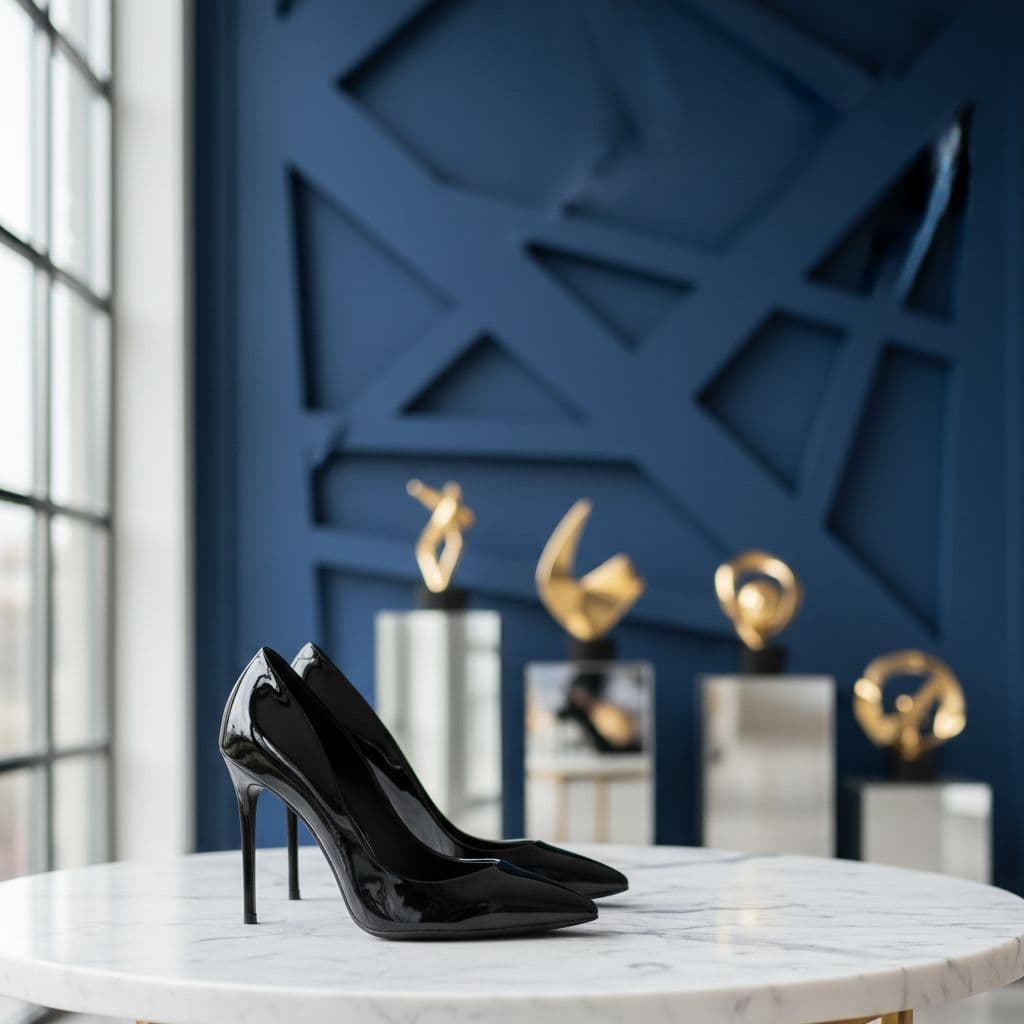 A pair of sleek black leather high-heeled shoes sits on a polished marble boutique floor.