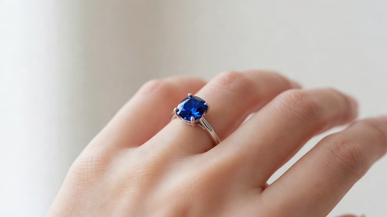 A close-up view features a brilliant blue sapphire set in polished silver on a woman's finger. Soft natural light highlights the gem's deep facets against a clean, neutral blurred background.