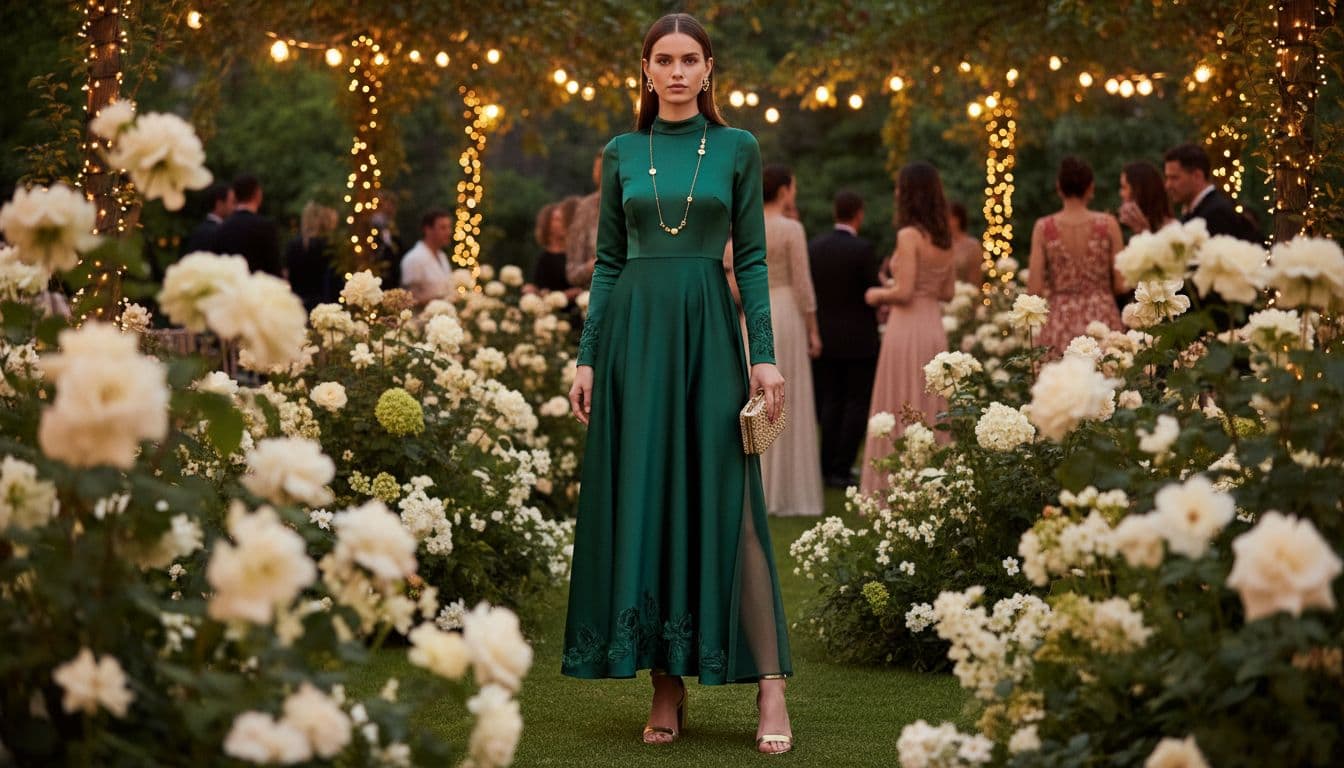 Elegant woman in an emerald green modest satin maxi dress at a garden party