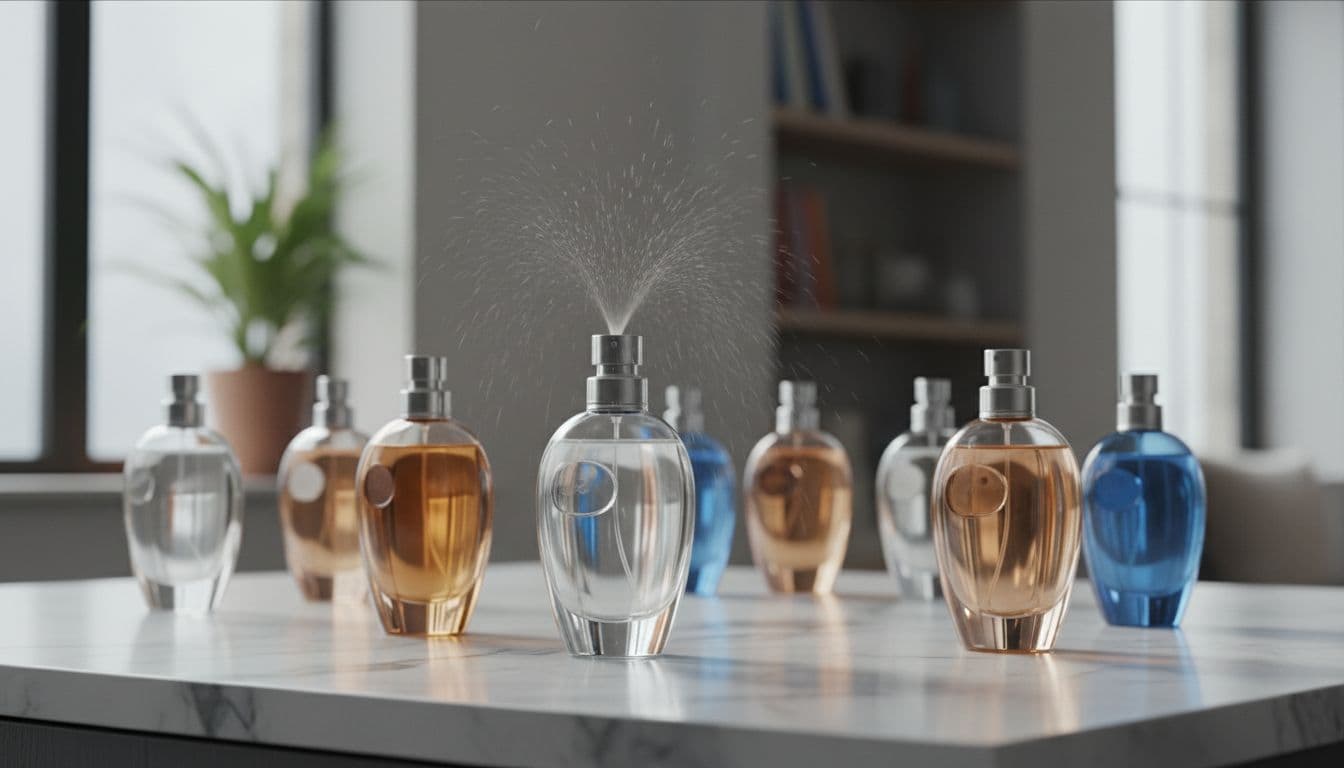 Sleek clear, amber, and blue glass perfume bottles arranged on a marble surface in a modern UK home, highlighted by soft natural light with a mid-air spray from one bottle.