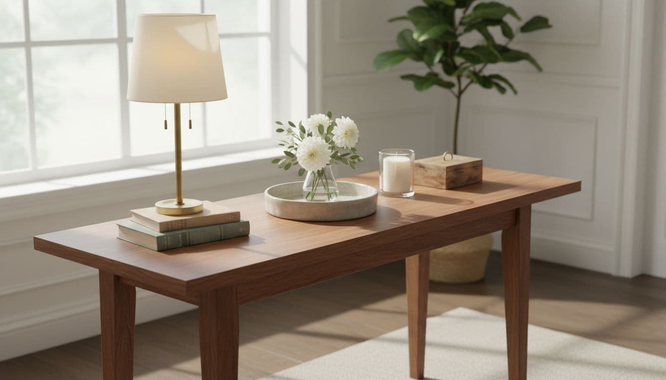 Elegantly styled wooden console table top in a bright home interior with balanced arrangement of table lamp, stacked books, small vase of flowers in a tray, and candle, illuminated by soft morning light.