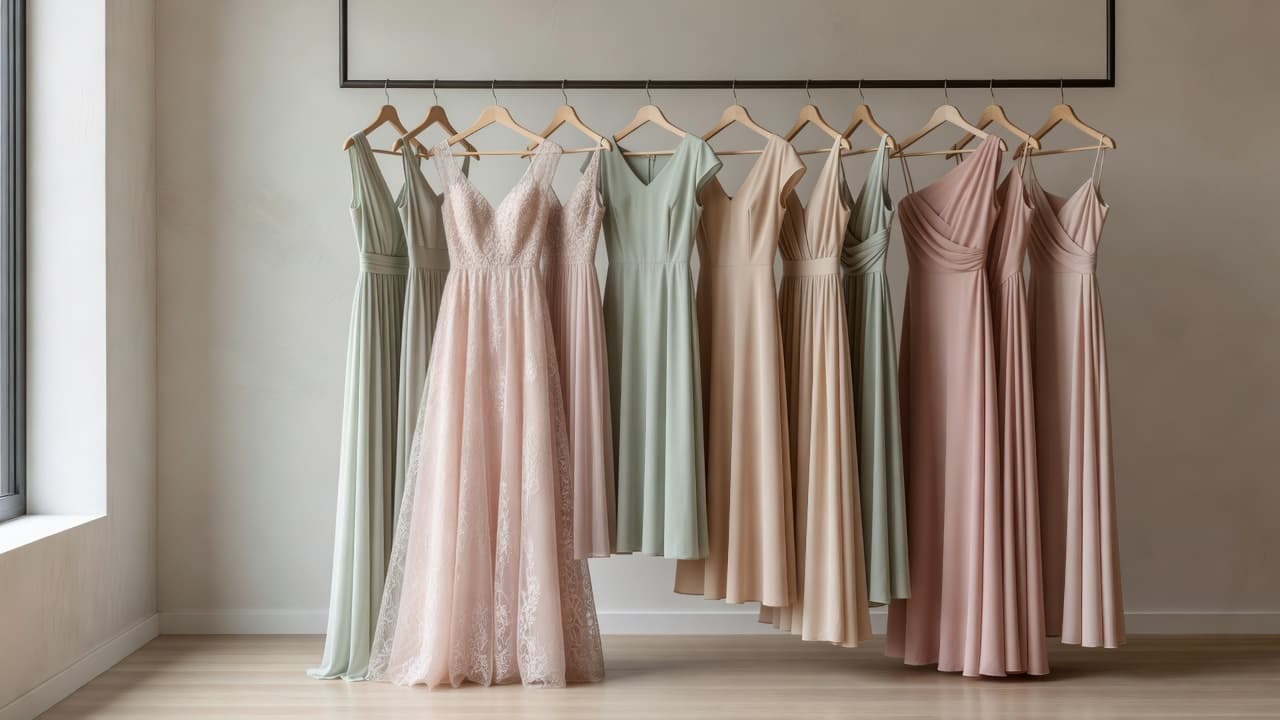 A gold clothing rack displays multiple elegant dresses in soft pastel tones against a clean neutral wall. Sunlight flows through the boutique, illuminating delicate fabrics and intricate lace design details.