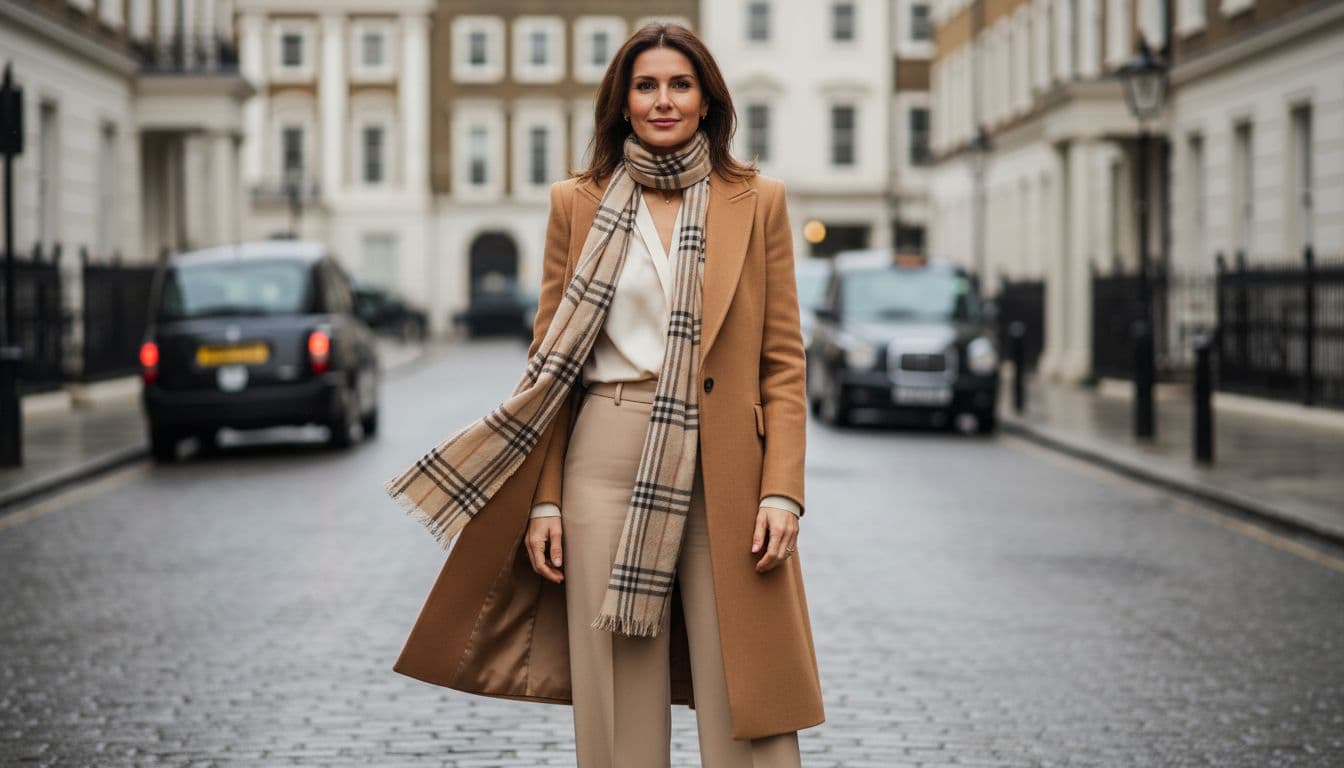 An elegant woman in her mid-30s strikes a confident pose on a cobblestone London street, dressed in a tailored camel coat over a cream blouse and wide-leg trousers, with a subtle check scarf loosely draped. Realistic street fashion photography in overcast daylight showcases everyday elegance.