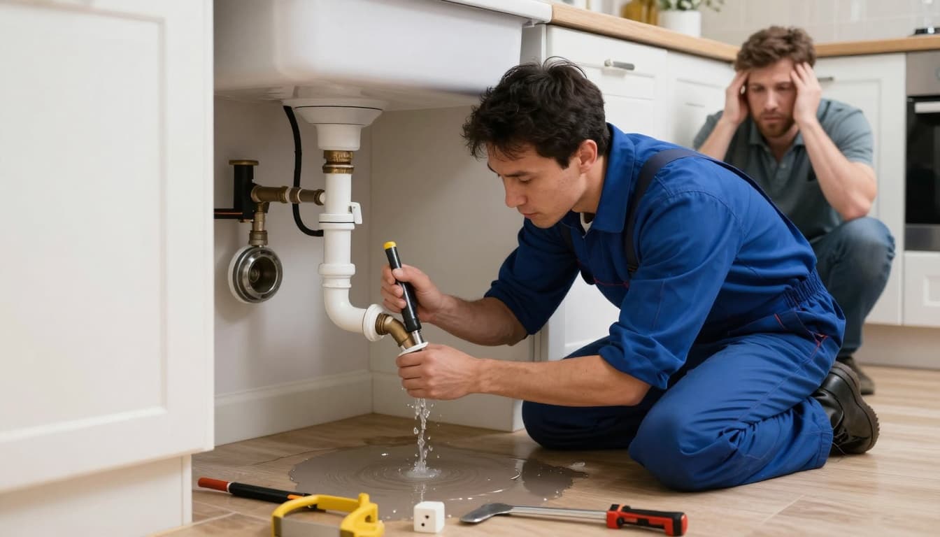 A professional plumber urgently repairs a burst pipe under a kitchen sink in a typical UK home, with water pooling on the floor, scattered tools, and a worried homeowner in the background. Realistic photographic style captures the emergency with detailed textures and natural lighting.