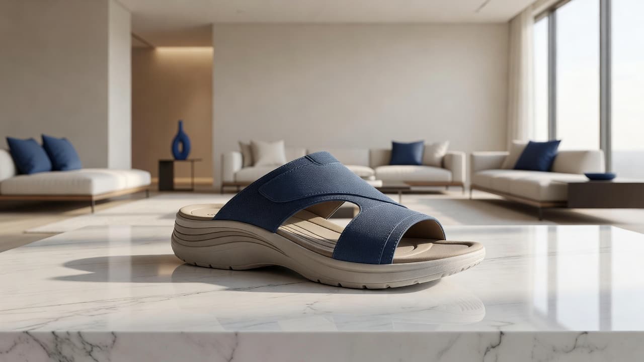 FitFlop Review: Comfort, Fit and Value for Everyday Wear 1 A pair of high-end ergonomic sandals rests on a pristine white marble floor within a sun-drenched, minimalist living area. Subtle deep blue accent decor highlights the sophisticated, airy interior design aesthetic.