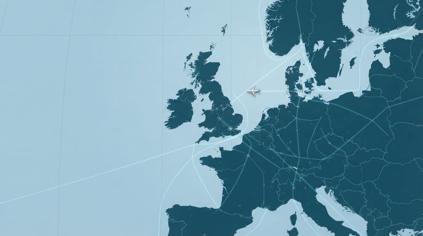 Small passenger plane silhouette over a blue map of Europe with flight routes and receiver points.