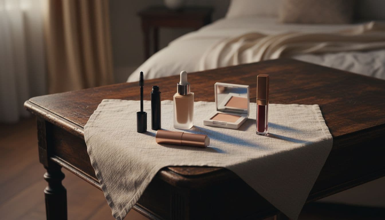 Maybelline: Make-up Brand That Still Matters, Buyers Guide & Online Store 2 Five everyday makeup items arranged on soft linen cloth atop antique wooden dressing table.