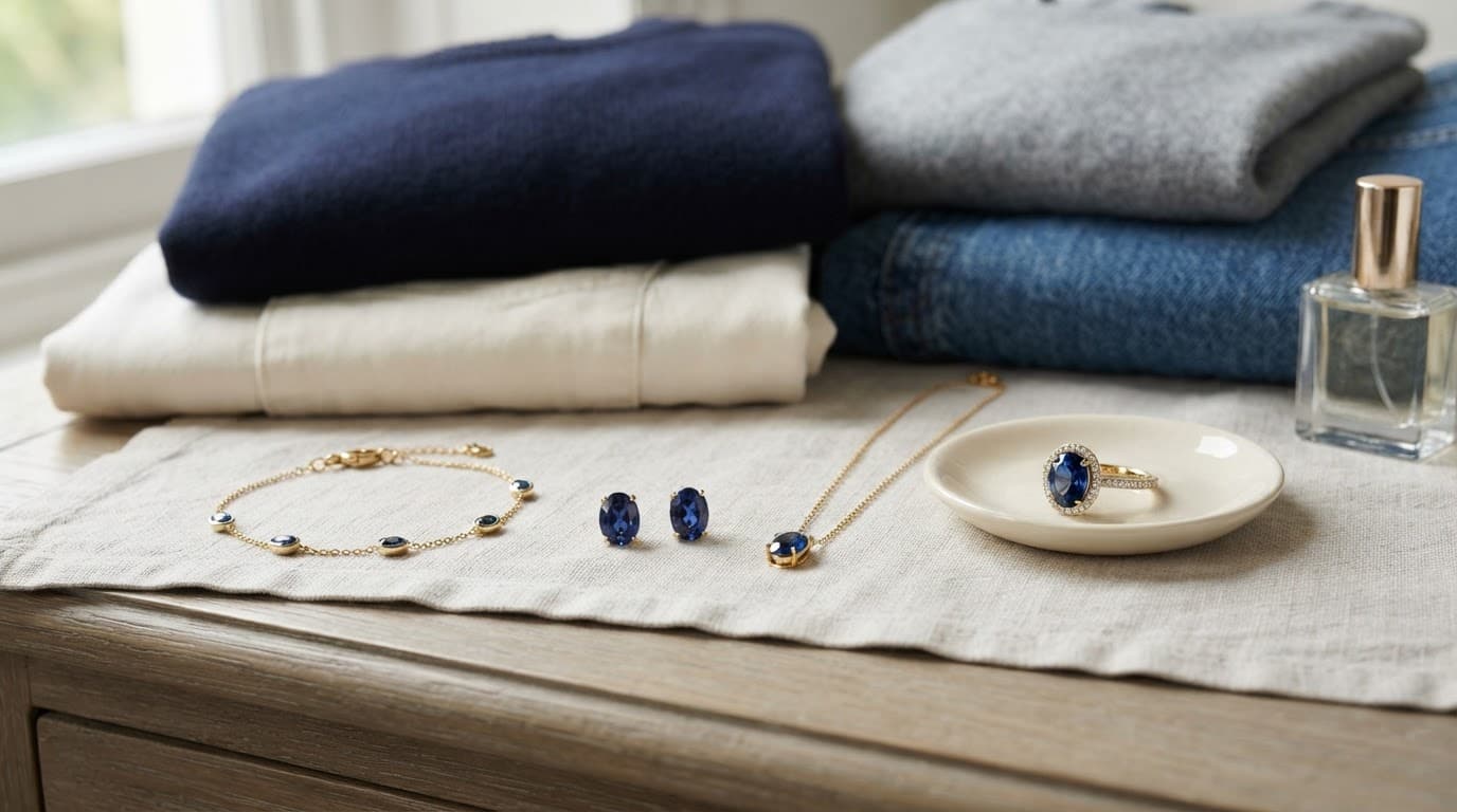 Four blue gemstone jewellery pieces arranged beside folded neutral and navy clothing.