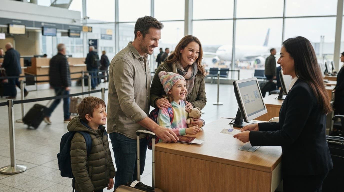 Flights Guide: How to Choose and Book the Right Holiday Flight 3 A family checks in for a holiday flight at an airport counter.
