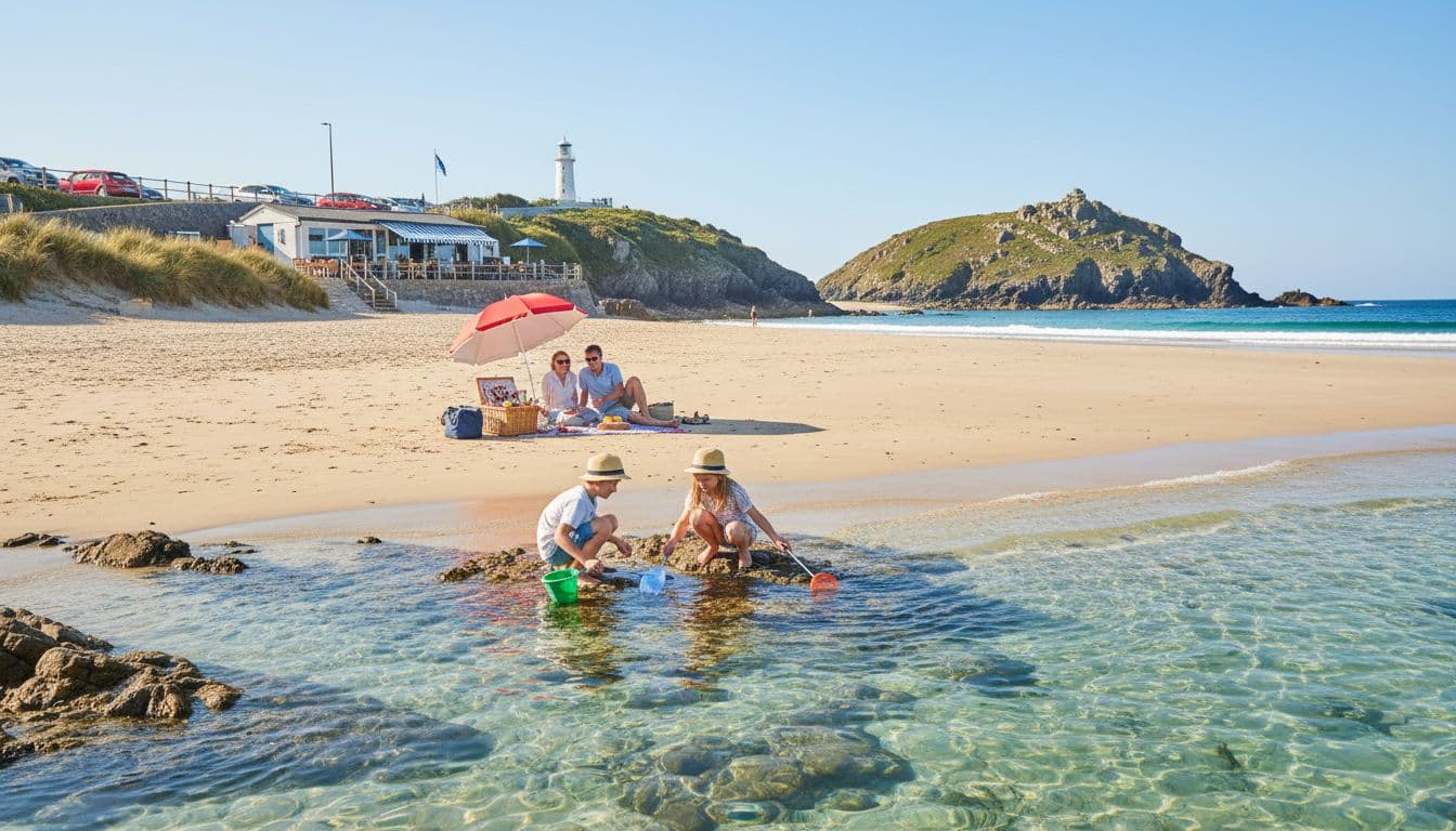 A family of four enjoys a sunny day at the calm cove of Carbis Bay in Cornwall, with kids rock pooling at low tide in shallow turquoise waters and parents relaxing on the pale sand beach with a picnic.
