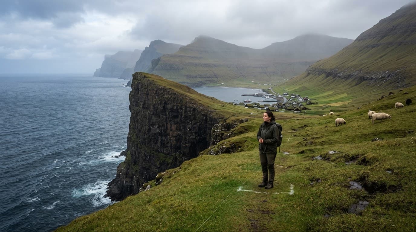 A visitor stands safely away from a Faroese sea cliff above a village and grazing sheep.