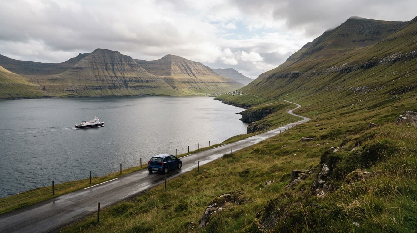 A rental car drives beside a Faroese fjord with a distant ferry and green mountains.