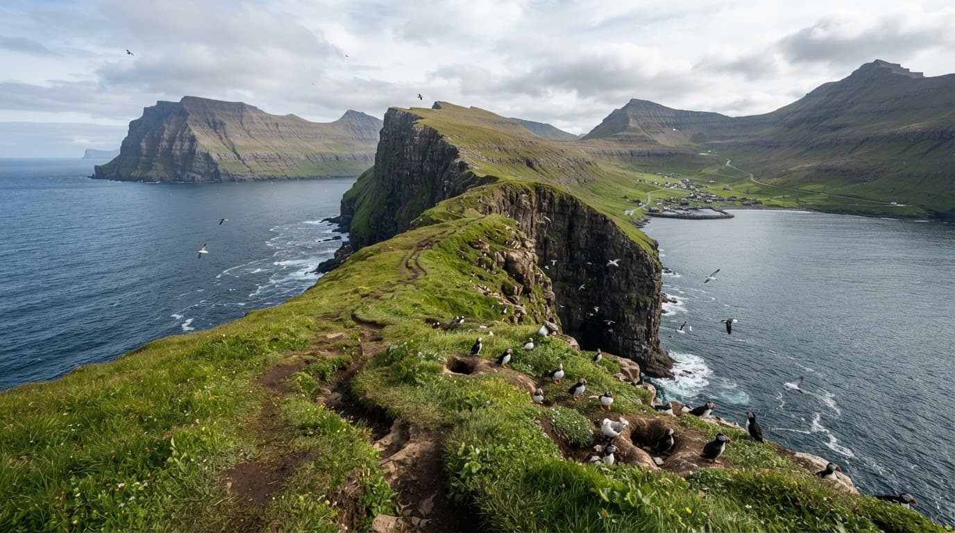A green coastal path leads towards cliffs, seabirds, and a distant village on the islands.