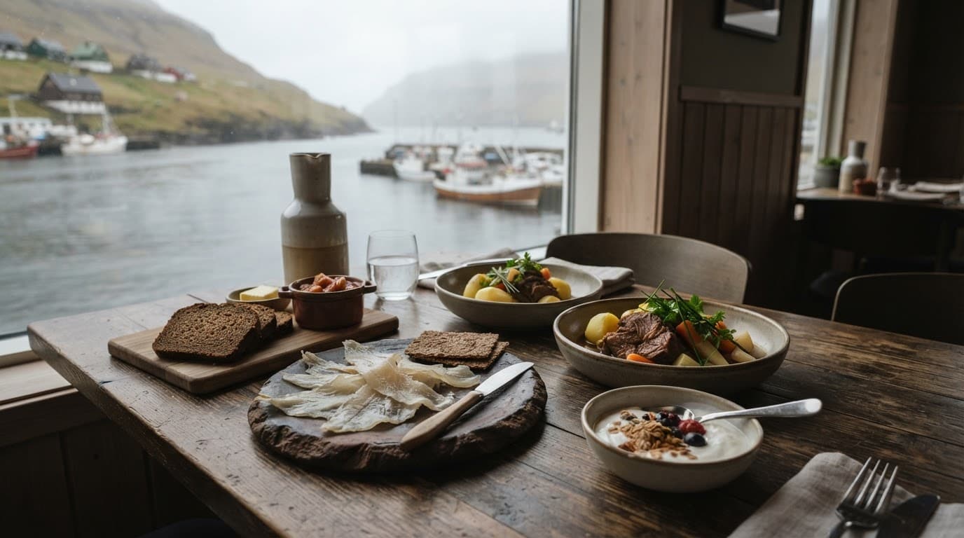 A Faroese meal with fish, lamb, potatoes, rye bread, and rhubarb by a misty harbour.