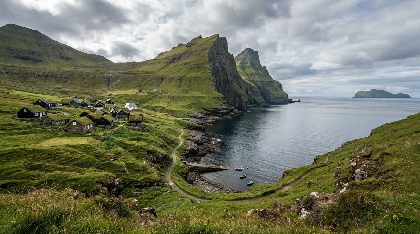 A small Faroese village beside a calm fjord beneath green cliffs and cloudy skies.